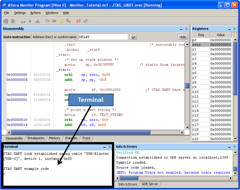 Altera Monitor Program terminal